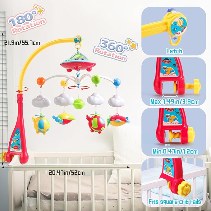 Baby Musical Crib Mobile with Hanging Rotating Toys, Remote Control, Lights Projector Function Music Box, Cartoon Rattles for Babies Boy Girl 0-24 Months, Newborn Sleep with 108 Melodies (Plane)