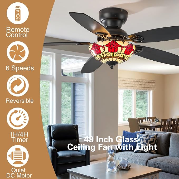 Tiffany Ceiling Fans with Lights-48"Ceiling Fan Chandelier and Glass Shade | 48" Ceiling Fan Chandelier with 5 Dual-Blades and Glass Shade, 6 Speeds and Reversible, Indoor and Outdoor, Retro Style