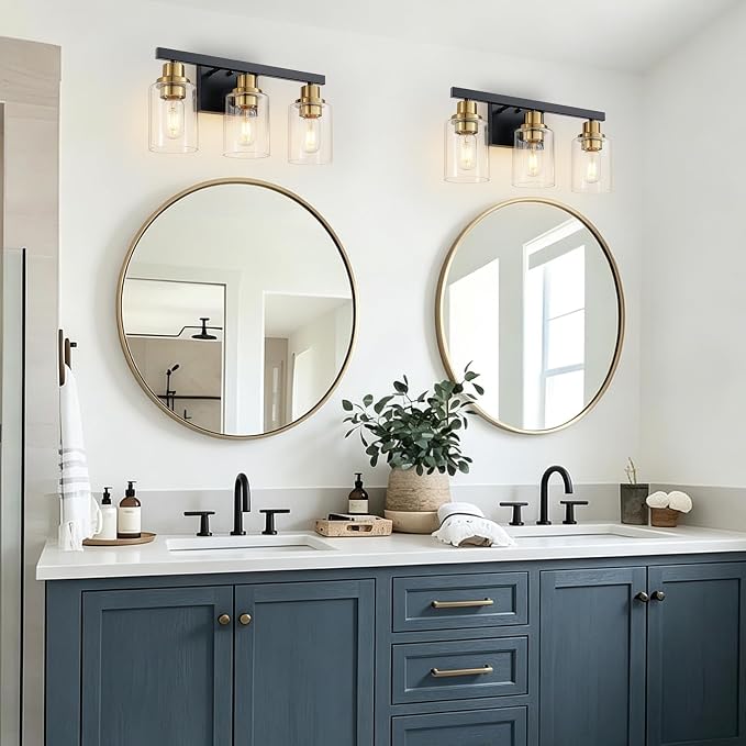 3-Light Bathroom Light Fixtures,Black and Gold Vanity Lights 17" | Modern Wall Sconce Lighting,Vanity Light Over Mirror with Clear Glass Shade,Farmhous Wall Mounted for Bathroom,E26 Base