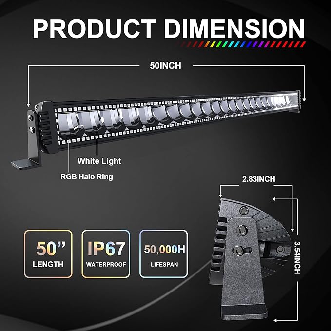 Lpteso RGBW LED Light Bar 50 inch 288W Flood Spot Combo Beam 2PCS 4 Inch 18W Flood RGB LED Pods with 16 Solid Colors Chasing RGB Halo Ring Changing with Strobe Flashing with Rocker Switch Wiring