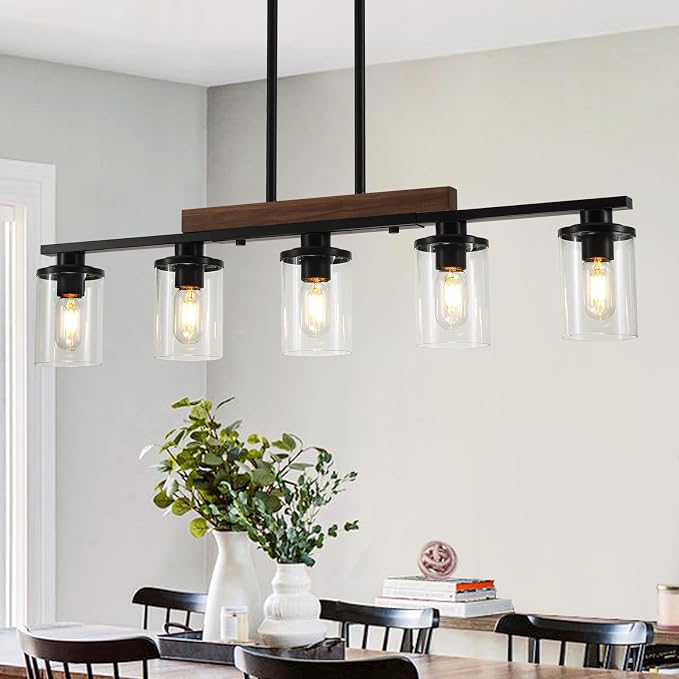 36.2‘’ Kitchen Lighting, 5-Light Dining Room Light Fixture Chandelier Over Table, Black Modern Rustic Wood Ceiling Pendant Light Fixtures, with Clear Glass Shade, Farmhouse Chandelier | 5-Light, Modern Rustic Wood Frame, Adjustable Height, Clear Glass ...