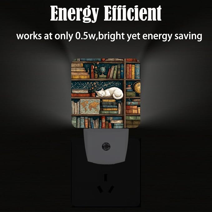 Sleeping Cat and Bookshelf Night Light,Plug-in Night Lights with Dusk-to-Dawn Sensor for Stairway,Hallway,Bedroom Sleep Friendly Ideal for Women/Girls/Boys Gift,0.5w