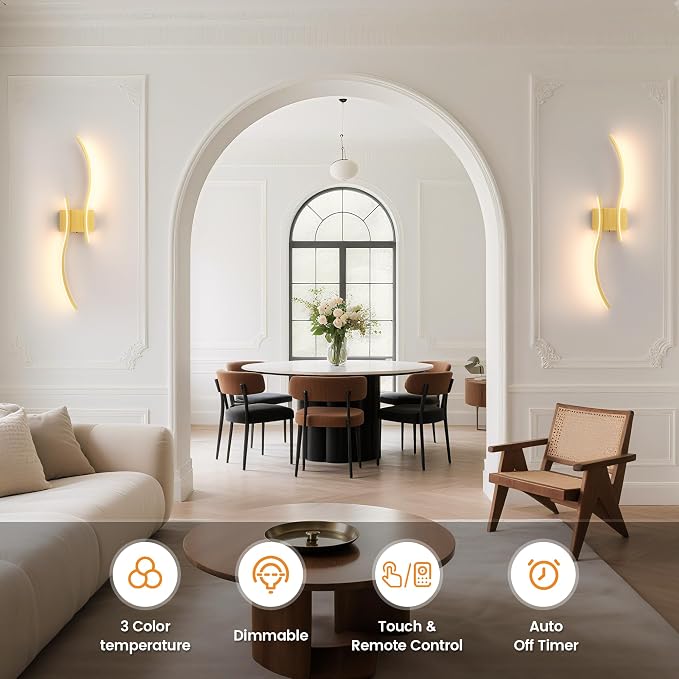 VOLISUN Battery Operated Wall Sconces Set of Two, 27.6 inch Wireless Wall Sconces, 3000K-6500K Dimmable Wall Lamps with Remote, Rechargeable Gold Wall Lights for Living Room, Hallway, Bedroom