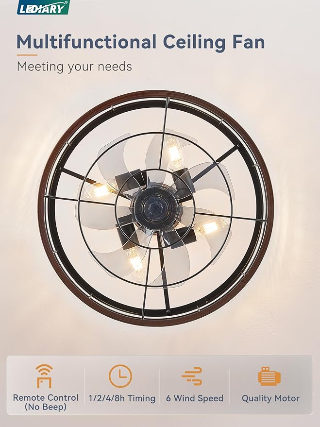 LEDIARY 20 inch Fandelier Caged Ceiling Fan with Light and Remote, Walnut | 6 Speed Adjustable,Timing, Quiet & Powerful DC, Small, Farmhouse, Industrial, Enclosed, Bladeless, Bedroom, Kitchen, Downrod