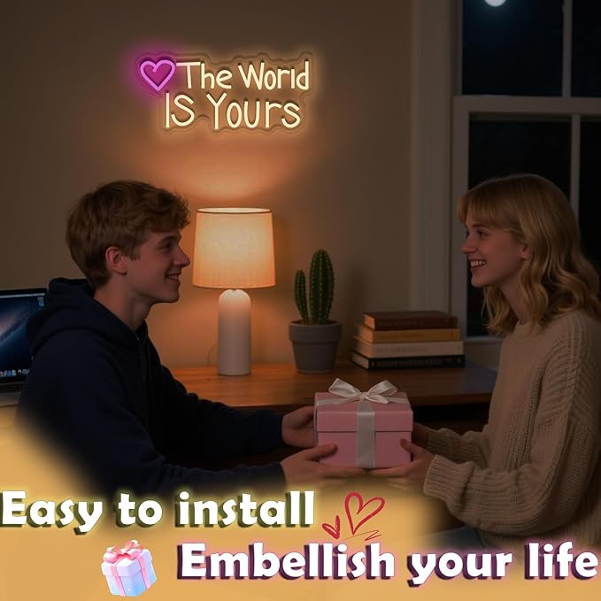 The World IS Yours neon sign, suitable for classroom wall decoration, back-to-school season, graduation season, student gifts. Dimmable, USB powered, pink heart-shaped inspirational neon light.