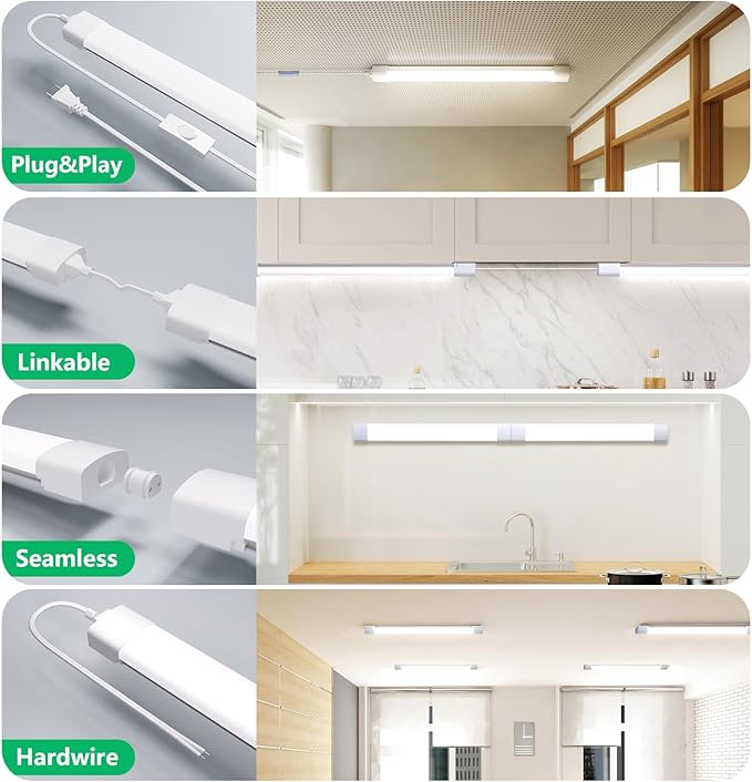 LED Shop Light Fixture, 2FT Linkable 18W Plug in Wall Light, 5000K Closet Light for Workbench Kitchen Basement, Under Cabinet Lighting, LED Tube Light Fixture with Plug, Triproof, White