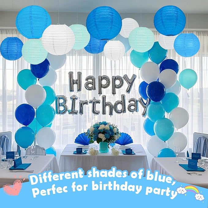 12Pcs Blue Paper Lanterns Set, Blue White Mint Green Hanging Round Paper Lanterns in Assorted Sizes 6" 8" 10" 12", for Graduation, Wedding, Birthday, Baby Shower and Coastal Party Decorations