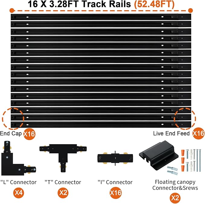 52FT H Track Lighting Rail Kit, Zanixor Black H Type Track Lighting Rails with Floating Canopy Connector, I&L&T Connector, End Caps and Live End Feed for 120V H Style 3-Wire Track Heads