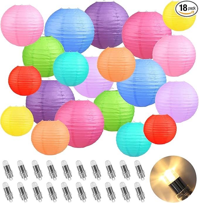 LIHAO 20PCS Colorful Paper Lanterns with Lights, Multicolor Chinese Lanterns Hanging Paper Lanterns for Party Decorations Wedding Birthday Classroom DIY Crafts(Size of 6'' 8'' 10'' 12'')