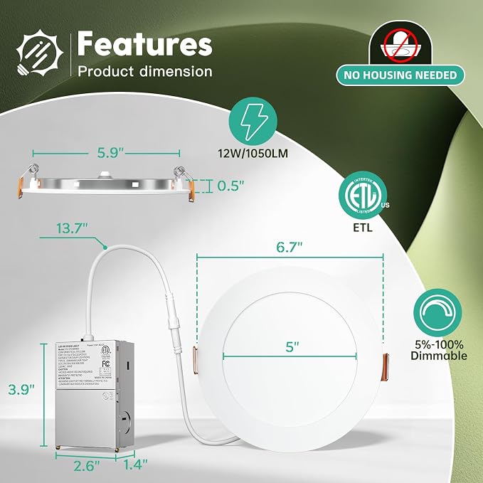 FREELICHT 24 Pack 6 Inch LED Recessed Light with Junction Box, 5CCT, 1050LM | 12W, 2700K-5000K Selectable, 5%-100% Dimmable, 120V, White, Ultra-Thin Canless Wafer Downlight, ETL, FCC, IC & Damp Rated