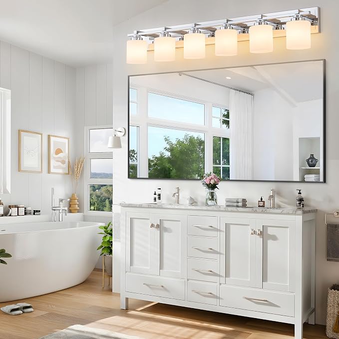 Modern Bathroom Light Fixtures Over Mirror, Vanity Lights for Bathroom Wall Sconces with Milky White Glass Shades, E26 Socket (Bulbs Not Included), 6 Light, Chrome