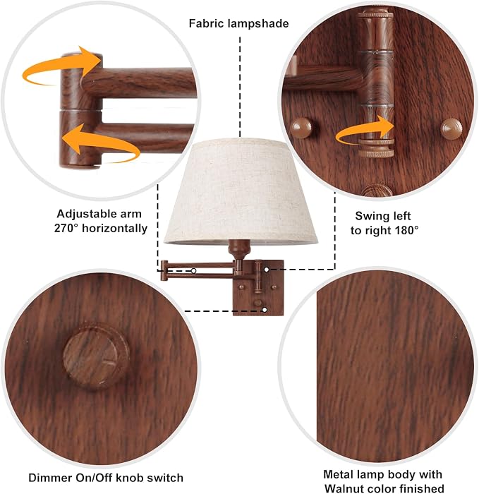 TRLIFE Dimmable Wall Sconce Plug in, Wall Sconces Set of Two Swing Arm Wall Lights with Plug in Cord and On/Off Dimmer Rotary Switch, 11.8" Large Beige Fabric Shade(2 Pack, Walnut Color)