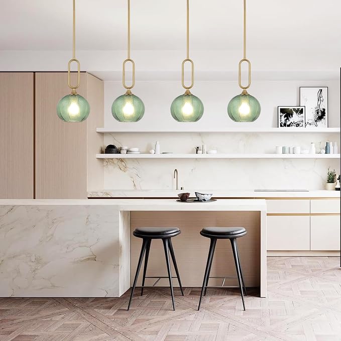 Green Glass Pendant Light Set of 2 Modern Globe Pendant Lighting Nordic Ribbed Gold Ceiling Hanging Chandelier with Brushed Brass Adjustable Rods Dining Room Kitchen Island Light Fixture