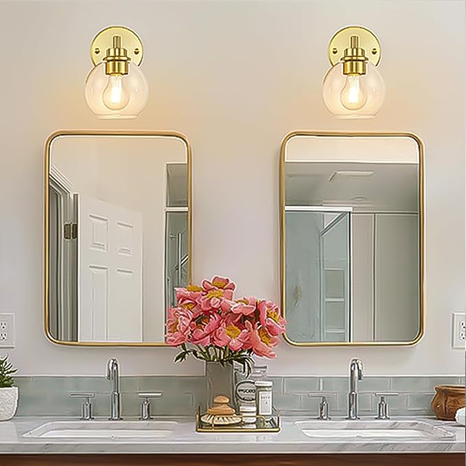 Gold Bathroom Vanity Lights, 1-Light Wall Sconce with Glass Globe Shade, Vanity Lighting for Bathroom/Bedroom/Dressing Room, Vertical/Horizontal Mounted, E26 Bulb Base (Bulb Not Included)