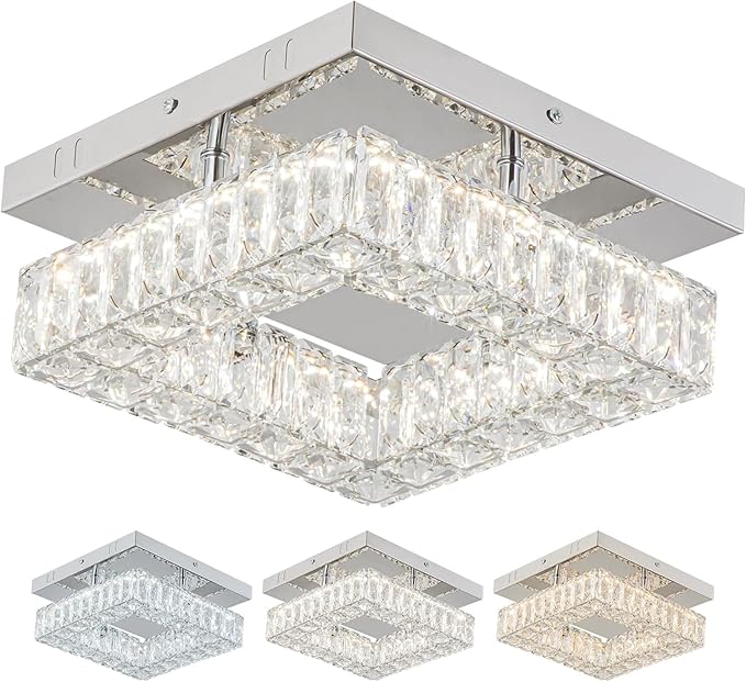 9.8" Modern Crystal Ceiling Light Fixture Mini Square Chandelier Flush Mount Light Fixture Ceiling Lamp for Small Hallway Foyer Entryway Bedroom,3 Colors Adjustable