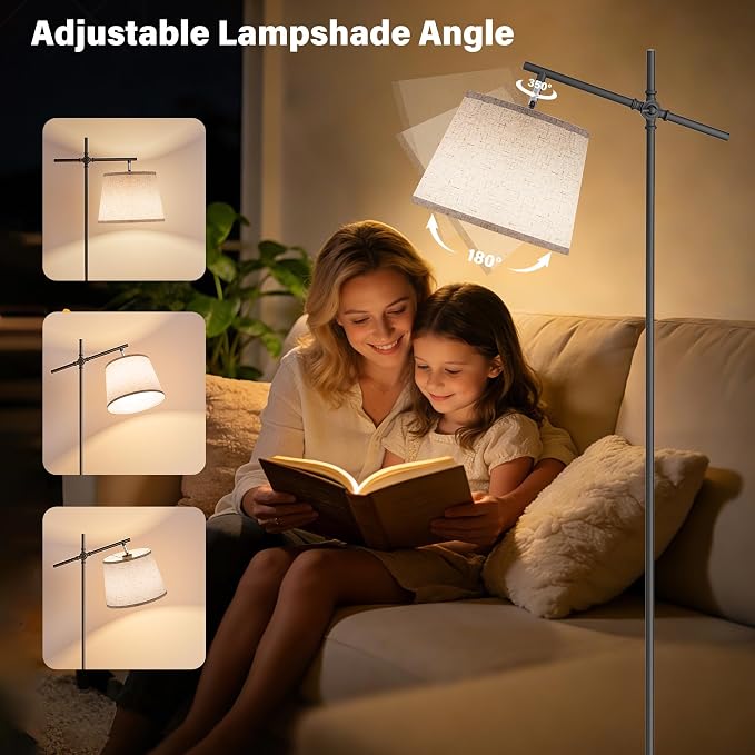 Floor Lamp with Linen Shade, Dimmable Tall Standing Lamp with Remote Control & 3 Color Temperatures Bulb, Modern Swing Arm Floor Lamps for Living Room Bedroom Office Corner