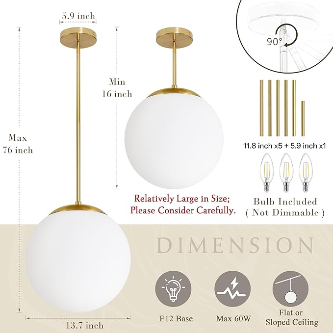 14" Globe Pendant Light 3-Light Gold Mid Century Modern Light Fixture Milk Glass Pendant Light Globe Pendant Lights Kitchen Island Brushed Brass Finished with Milk Glass Lampshade for Bedroom