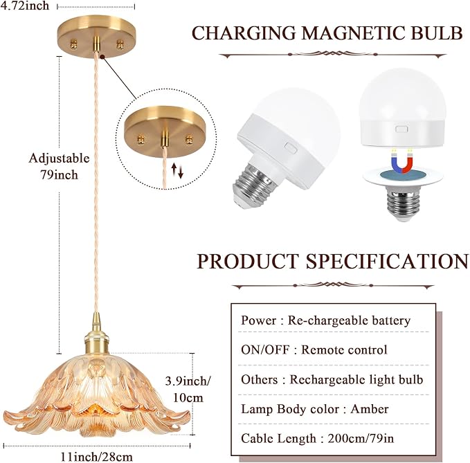 Battery Operated Pendant Light,Amber Chandelier RGB Light Bulb 2500mAh 11in Vintage Light Fixtures with Remote Control Wireless Adjustable Rechargeable Chandelier for Kitchen Island Hallway 2Pack