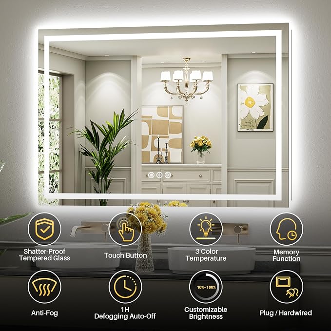 60x40 LED Bathroom Mirror, Dual Lit Anti-Fog Wall Vanity Mirror | 3 Color Dimmable, Memory Function, Shatter-Proof Tempered Glass, ETL Listed, IP54 Waterproof Horizontal/Vertical