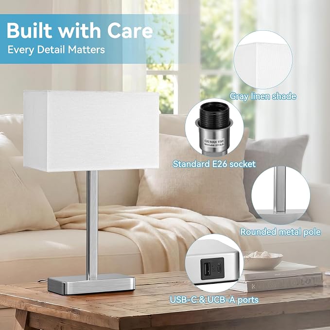 Hong-in Touch Lamps for Bedroom - 3-Way Dimmable Bedside Lamps Set of 2 with USB C+A, White Modern Table Lamp for Night Stands, Desk Lamp for Living Room Nightstand End Tables Bed Side