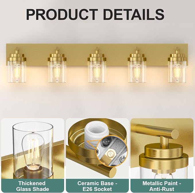 IZORRO Bathroom Vanity Light Fixture, 5-Light 36 Inch Gold Bathroom Light Fixtures Over Mirror, with Clear Glass Shade, Modern Farmhouse Vanity Lights, Rustic Restroom Lighting Fixtures