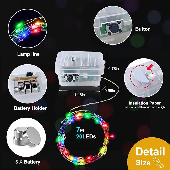 pozzolanas 8 Pack Multicolor LED Fairy Lights with Vibrant Red Beads, Battery Operated String Lights, 7 ft 20 LED Waterproof Firefly Lights on Silver Wire for Home Party Wedding Christmas Decorations