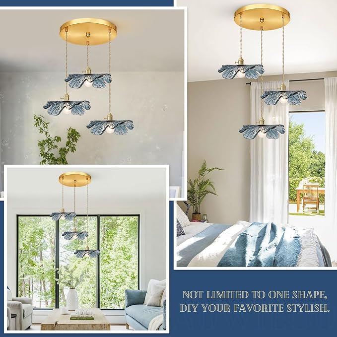 3-Cluster Chandelier Blue Glass Ceiling Pendant Light Fixtures Mid Century Adjustable Gold Brass Chandelier Lighting for Dining Room Living Room Kitchen, E26 Base