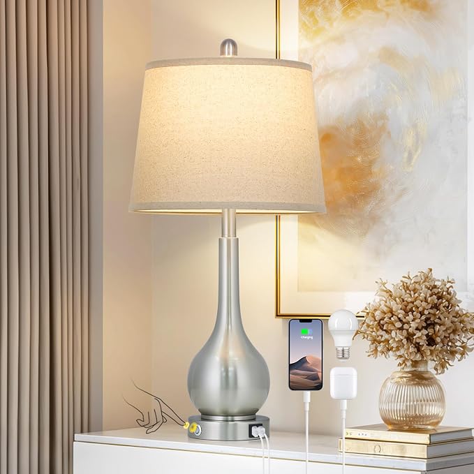 26" Silver Table Lamp for Bedroom, Touch Control Bedside Lamp for Nightstand with Charging Port, 3-Way Dimmable End Table Lamp for Living Room (1 Pack)