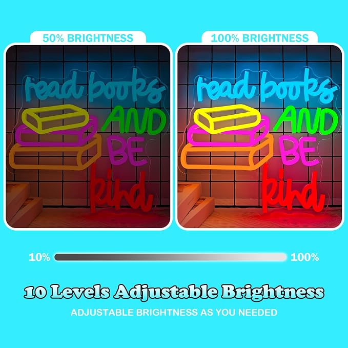 Read Books And Be Kind Neon Sign Reading Led Sign for Classroom Wall Decor Dimmable Colorful Books Neon Light for Library Decor Birthday Gifts For Students Teacher