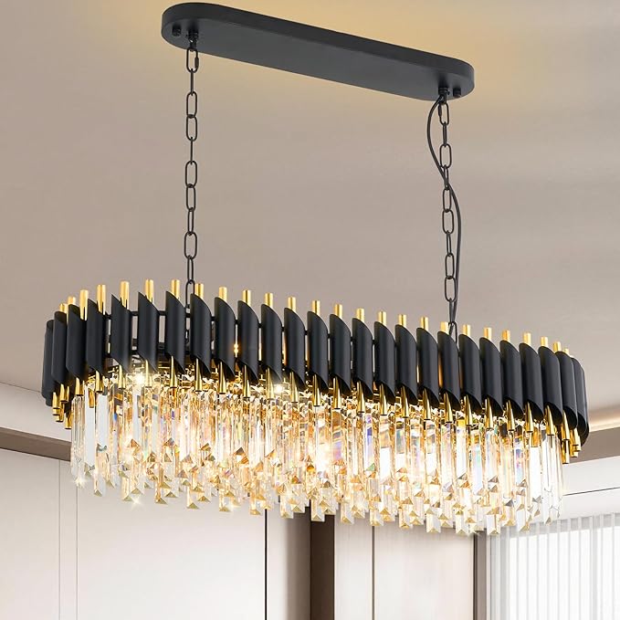 L33 Black and Gold Crystal Chandelier Large 8 Light 3-Tier K9 Crystal Raindrop Chandelier Flush Mount Ceiling Light Fixture for for Dining Room Kitchen Island