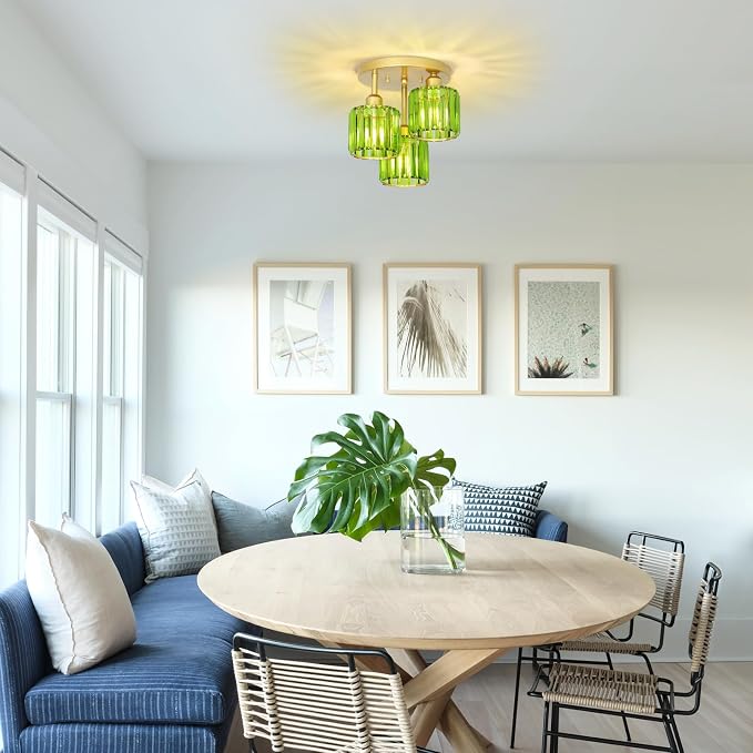 PAUFUL Green Crystal Close to Ceiling Light Fixtures,3-Light Modern Semi Flush Mount Ceiling Light,Kitchen Light Fixture with Crystal Shades,Hallway Lighting Fixture for Entryway Bedroom Bathroom