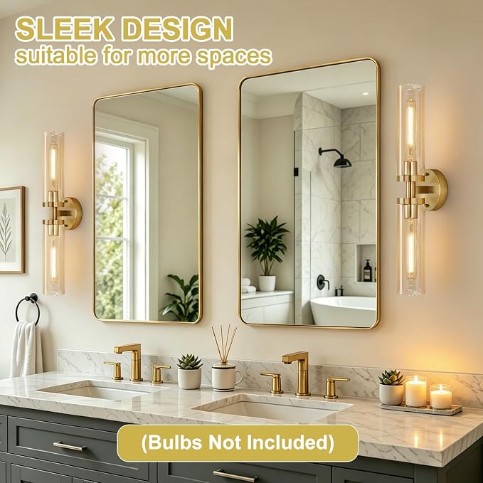 Indoi Wall Sconces Set of Two, Hardwired Brushed Gold Bathroom Sconces Wall Lighting with Amber Glass, Modern Sconces Wall Decor Set of 2 Vanity Light fixtures for Bathroom Mirror Bedroom