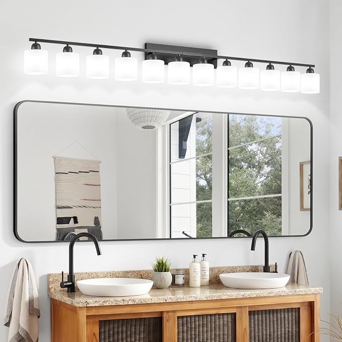 12 Light Black Vanity Lights for Giant Mirror, Bathroom Vanity Lights Over Mirror with Milky White Frosted Glass Shades,78.8 inch Bathroom Light Fixture for Mirrors, E26