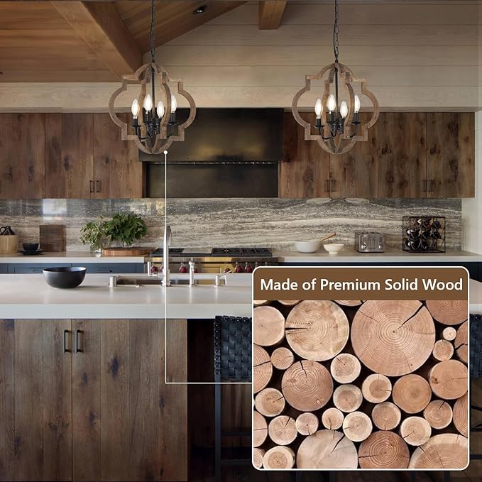 Farmhouse Chandelier Light Fixtures, 4-Light Dining Room Light Fixtures Over Table, Solid Wood Chandeliers for Dining Room, 15.7“ Brown Rustic Chandeliers for Living Room Kitchen Island Bedroom Foyer