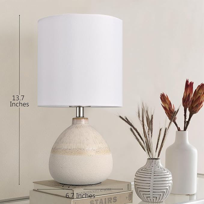 Set of 2 Ceramic Table Lamp for Bedroom, Small Table Lamp White Farmhouse Rustic Lamp Set Bedside Table Lamps for Nightstand Side Table Lamps for Living Room, 13.7IN