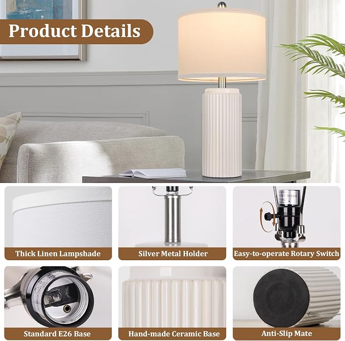 23.5" Cream Ceramic Table Lamps Set of 2, Modern Nightstand Lamps | Bedside Table Lamps with White Linen Shade, Ideal Size, Farmhouse Home Decor for Living Room Bedroom Office End Table Dorm