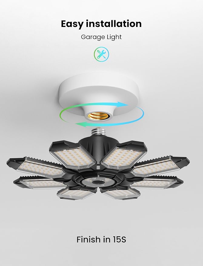 LED Garage Lights - 250W, 6500K, 25000LM Deformable LED Garage Lighting Fixture, Shop Lights for Garage, Basement, Barn, High Bay Light