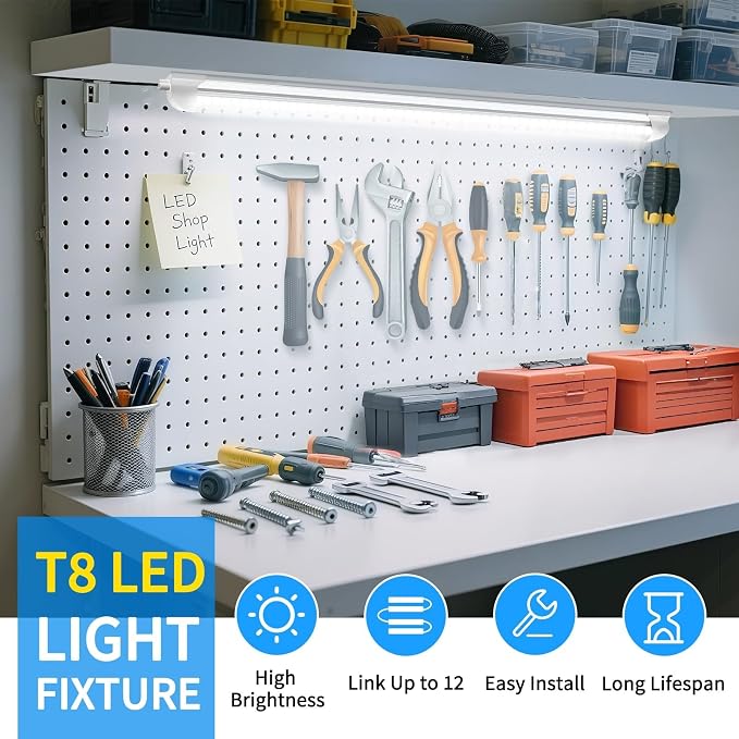 (6-Pack) CNSUNWAY LED Shop Lights 2FT, V-Shaped Linkable 22W 3300LM 5000K | Under Cabinet Lighting, T8 Tube Light Fixtures, Shop Light for Workbench, Kitchen, Workshop, Plug and Play, ETL Listed