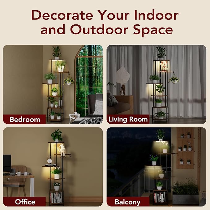 Plant Stand Indoor with Grow Light - 6-Tier Metal Plant Shelf with Hanging Basket Hook, Corner Tall Flower Holder for Multiple Plants, Living Room Balcony Garden Patio, Rustic Brown