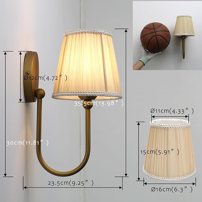 Vintage Set of 2 Fabric Wall Sconce Beige-Khaki Gauze Cloth Shade, Hardwired Curved Arm Bathroom Vanity Lights, Indoor Wall Decor Lamp for Living Room, Kitchen, Bedroom, Foyer