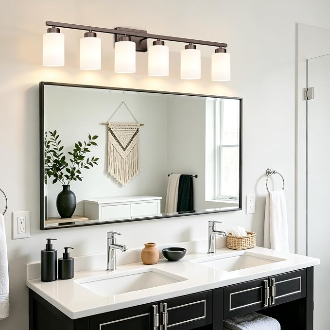 IZORRO Modern Bathroom Light Fixtures, 6 Light Oil-Rubbed Bronze Vanity Lights, Bathroom Lighting Fixtures Over Mirror with White Glass for Living Room Cabinet Bedroom