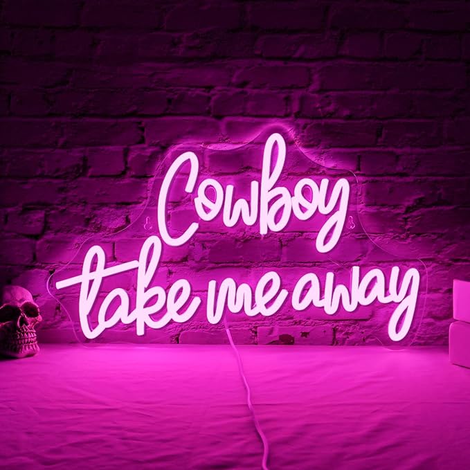 WLHOPE Neon Sign, Words Wedding Neon Signs for Wall Decor Cowboy Take Me Away Neon Sign Pink Neon Signs for Wall Decor Cowgirl Led Lights for Bar Man Cave Club Party Bedroom Home Birthday Western Decoration Gift