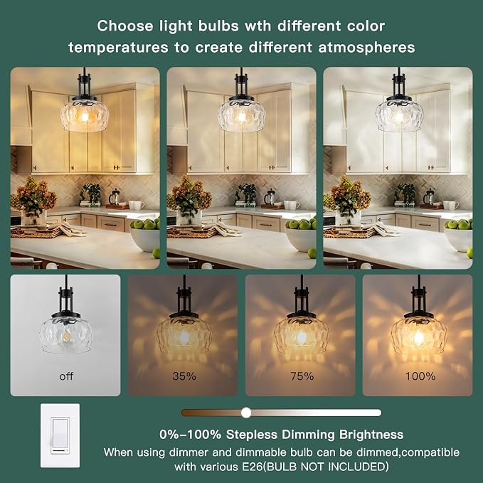 10 Inch Pendant Lights Kitchen Island, Black Pendant Light Fixtures with Hammered Glass Shade, Modern Farmhouse Island Hanging Light for Kitchen Dining Room Bedroom(Black)