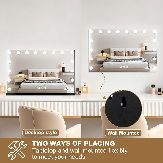 Ratsamee Black Hollywood Vanity Mirror with Lights, 17 Dimmable Bulbs, 3 Color Lights,Make Up Lighted Mirror, Aluminum Metal Frame, USB Charging Port（26" x 20"）