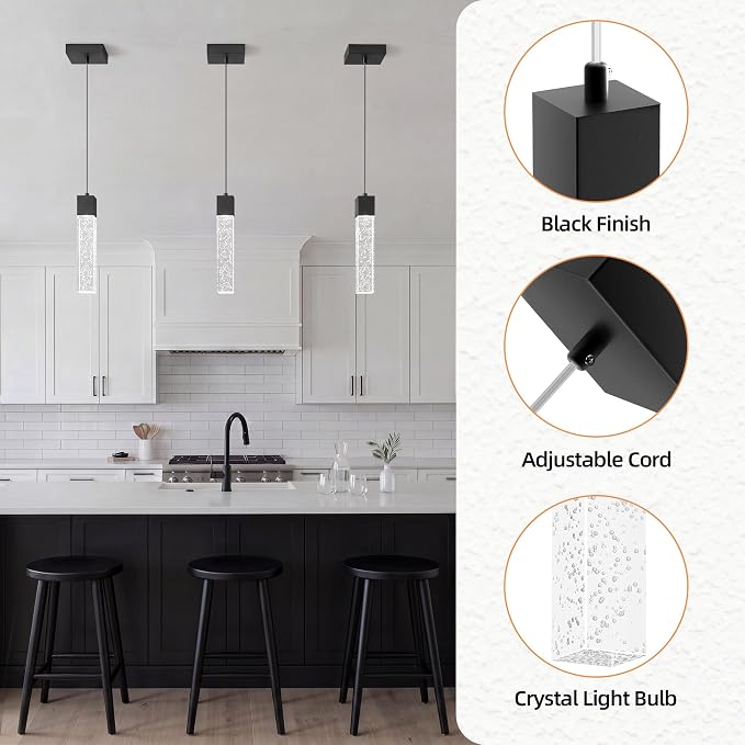Pendant Lights Kitchen Island, 6500K Modern Kitchen Island Lights Brushed Black, 3 Pack Ceiling Lighting Fixtures with Crystal Bubble, Island Lights for Kitchen Dining Room Bedroom Hallway