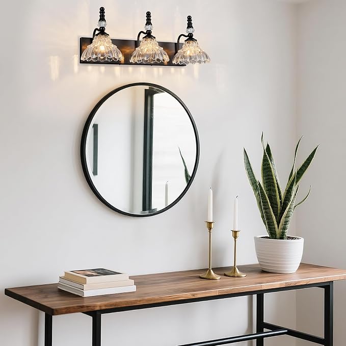 Vintage Bathroom Vanity Light, 3-Light Black Vanity Lighting Fixture with Flower Glass Shade, Bathroom Lighting Fixtures Over Mirror