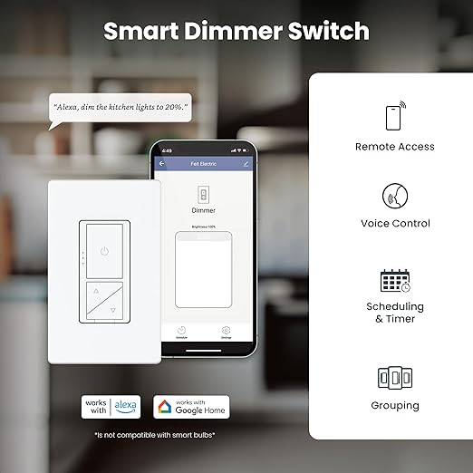 Feit Electric Smart WiFi Dimmer Switch with Remote, Single-Pole/3-Way/4-Way, Voice Control with Alexa & Google Asst, Wireless Wall-Mount Remote, App Control, Neutral Wire Required