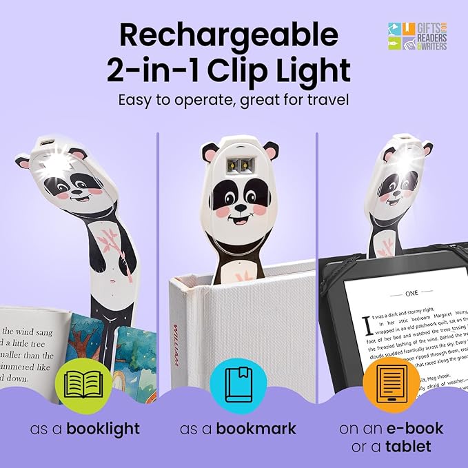 Gifts for Readers & Writers Rechargeable Book Light for Kids, Clip On Reading Light for Bed, 2in1 Flexilight Pals & Bookmark, 12 Hours of Light Once Charged, Includes USB Cable & 2 LED Lights, Panda
