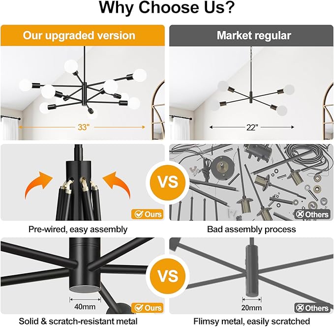 Sputnik Chandeliers Dining Room Light Fixture (10-Light, 32-Inch), Modern Black Chandelier, Height Adjustable Mid Century Modern Chandeliers for Dining Room Kitchen Island (Bulbs Not Included)