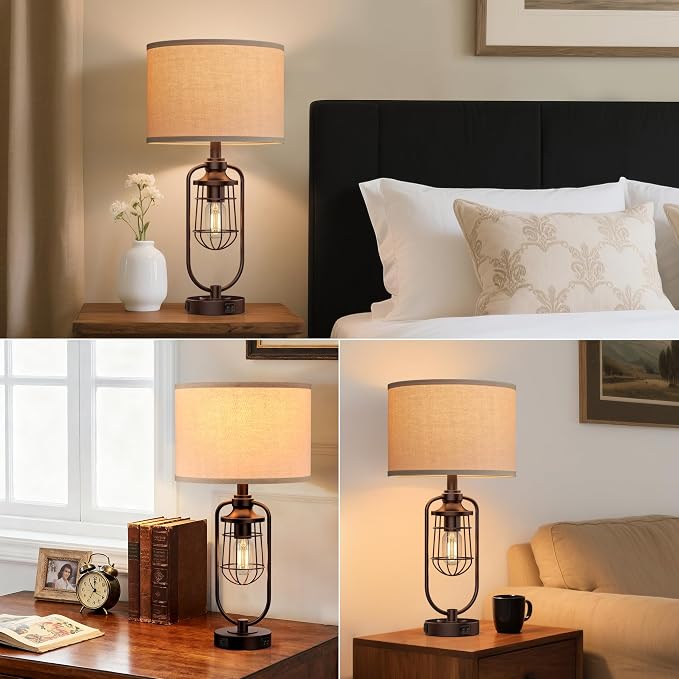 Table Lamps for Living Room Set of 2, Farmhouse Lamps for Night Stands, Industrial Bedside Lamps for Bedroom Nightstand with USB A+C, Bulbs Included